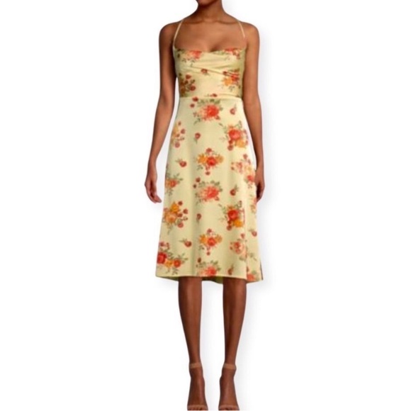 Danielle Bernstein Golden Hour Yellow Red Floral Tie Back Satin Dress NWOT XS - Picture 5 of 16